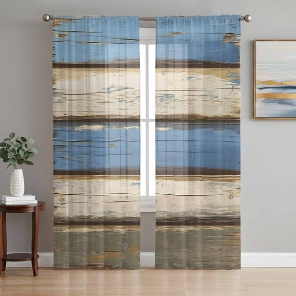 Blue Beige Wood Grain Sheer Curtains 63 Inch Length 2 Panels Set, Modern Shabby Chic Board Voile Window Treatment Rod Pocket Curtains Sheers Drapes for Bedroom/Living Room/Kitchen 52x"63"x2