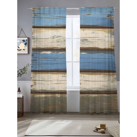 Blue Beige Wood Grain Sheer Curtains for Living Room Bedroom Modern Shabby Chic Board Sheer Curtains 84 Inch Long 2 Panels Set Light Filtering Curtain Window Treatments Drapes for Dining Room