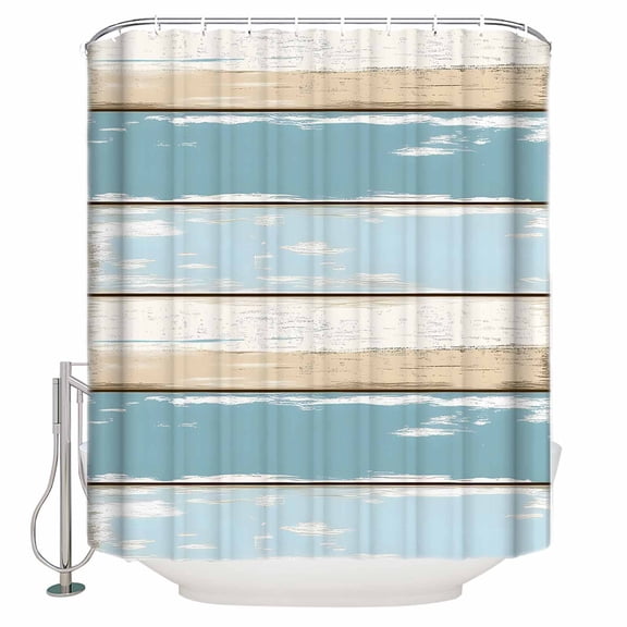 Blue Beige Wood Grain Shower Curtain, 36" x 72", Vintage Board Farmhouse Retro Waterproof Bathroom Curtain Washable Shower Curtain Set with 12 Hooks