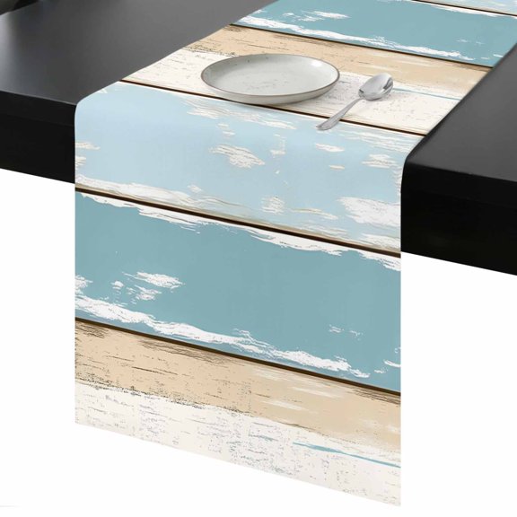 Blue Beige Wood Grain Table Runner 13x48 Inch Vintage Board Farmhouse Retro Table Runner Non-Slip Dresser Scarves for Holiday Decorations, Party, Dinner and Gatherings, 1 Pack