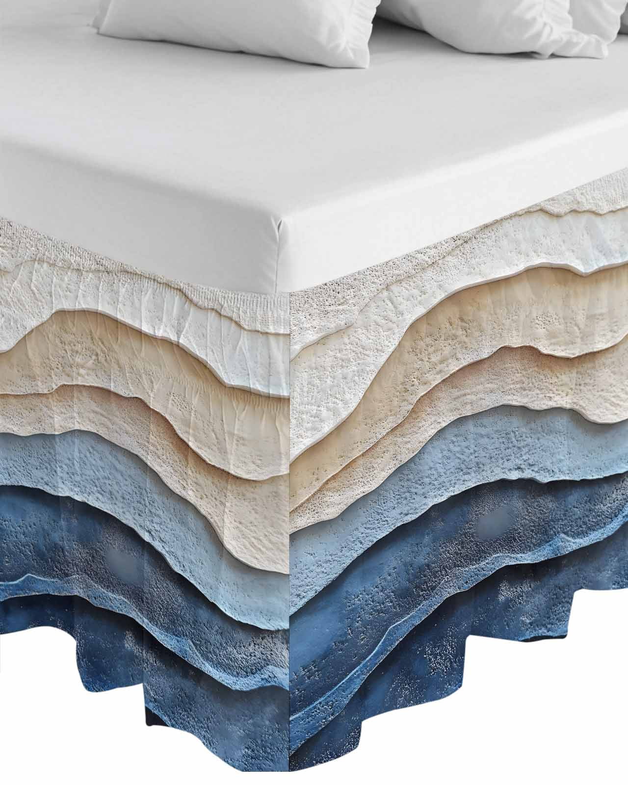 Blue Beige Wrap Around Bed Skirts for Queen Bed 16" Drop, Bed Skirt with Adjustable Elastic Belt Dust Ruffle Bed Valance for Bedroom Hotel Luxury Coastal Wave Modern Abstract Art Bed Frame Cover