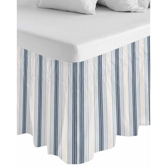 Blue Beige Wrap Around Bed Skirts for Queen Bed 18" Drop,Bed Skirt with Adjustable Elastic Belt Dust Ruffle Bed Valance for Bedroom Hotel Modern Abstract Gradient Vertical Stripes Bed Frame Cover
