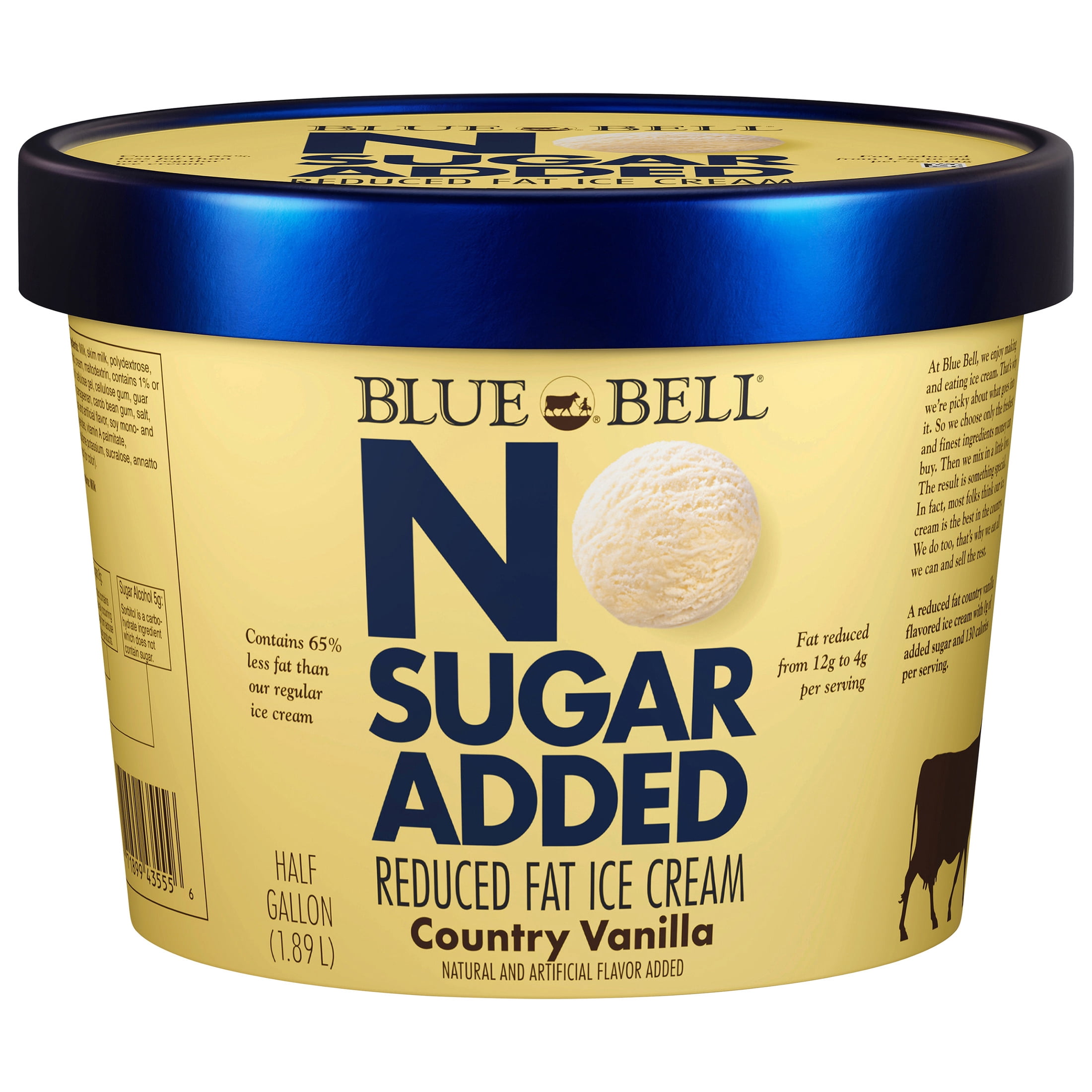 Blue Bell No Sugar Added Country Vanilla Reduced Fat Ice Cream Half Gallon, 64 fl oz