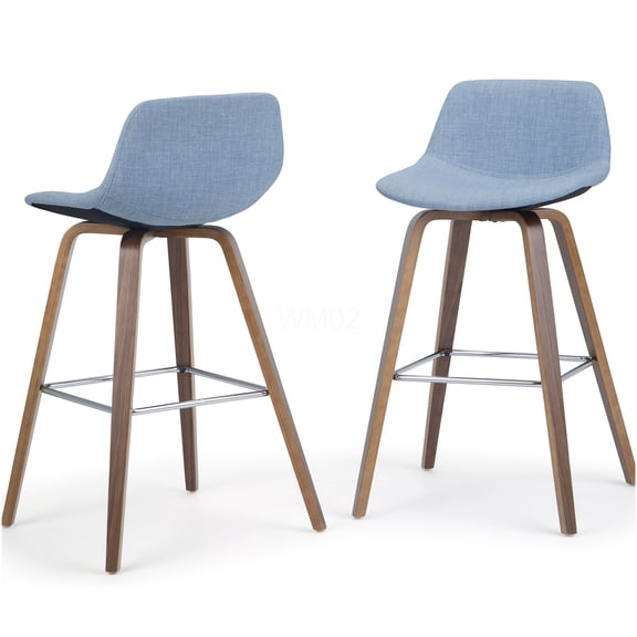 Blue Bentwood Counter Stools, Set of 2 - Modern Wood Bar Height Stools with Chrome Footrest