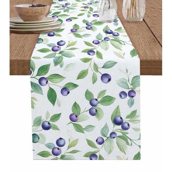 Blue Berry Table Runner Cotton Linen 90 Inch Holiday Dresser Scarves, Summer Fruit Botanical Country Green Leaf Tablerunner for Kitchen Coffee Dining Bedroom Living Room Dinner Scarf Décor 13''x90''