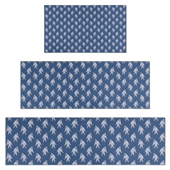 Blue Bigfoot Pattern Kitchen Rugs Sets Of 3,Kitchen Runner Rugs Non Skid Washable,Decorative Kitchen Floor Mats for Kitchen,Sink,Laundry,17"x30"+ 17"x47" + 17"x59"