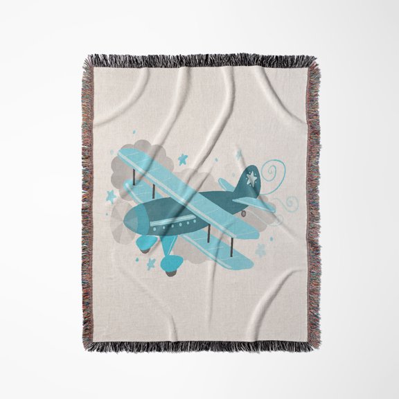 Blue Biplane In The Clouds - Airplane, Woven Blanket
