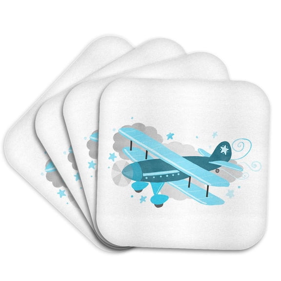 3drose, Blue Biplane in the Clouds - Airplane, Set of 4 Coasters - Soft