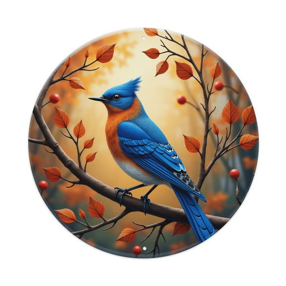 Blue Bird Autumn Vintage Round Metal Tin Sign Nostalgic Metal Sign Home Decor for Bar Garden Kitchen Restaurant Garage 8x8 Inch