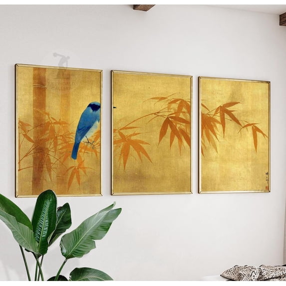 Blue Bird Bamboo Japanese Minimalist Gold Leaf Poster Home Decor Office ...