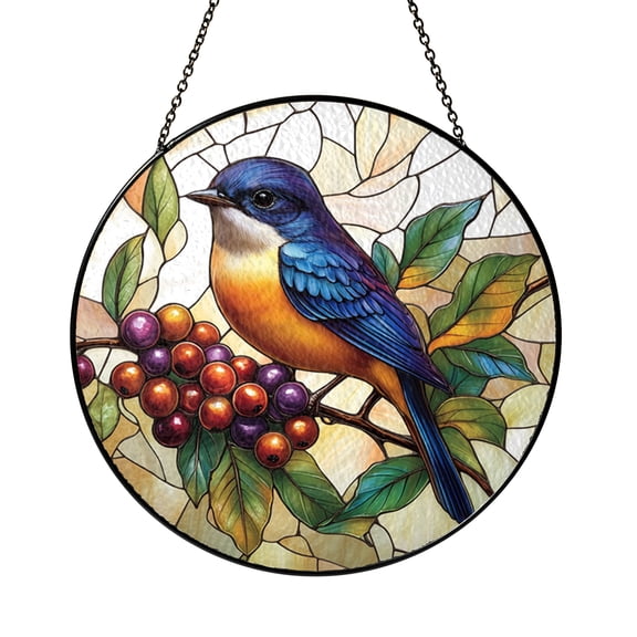 Blue Bird Branch Stained Glass Style Suncatcher Window Hanging Decor, Berry Window Panel Art, Decorative Window Gift