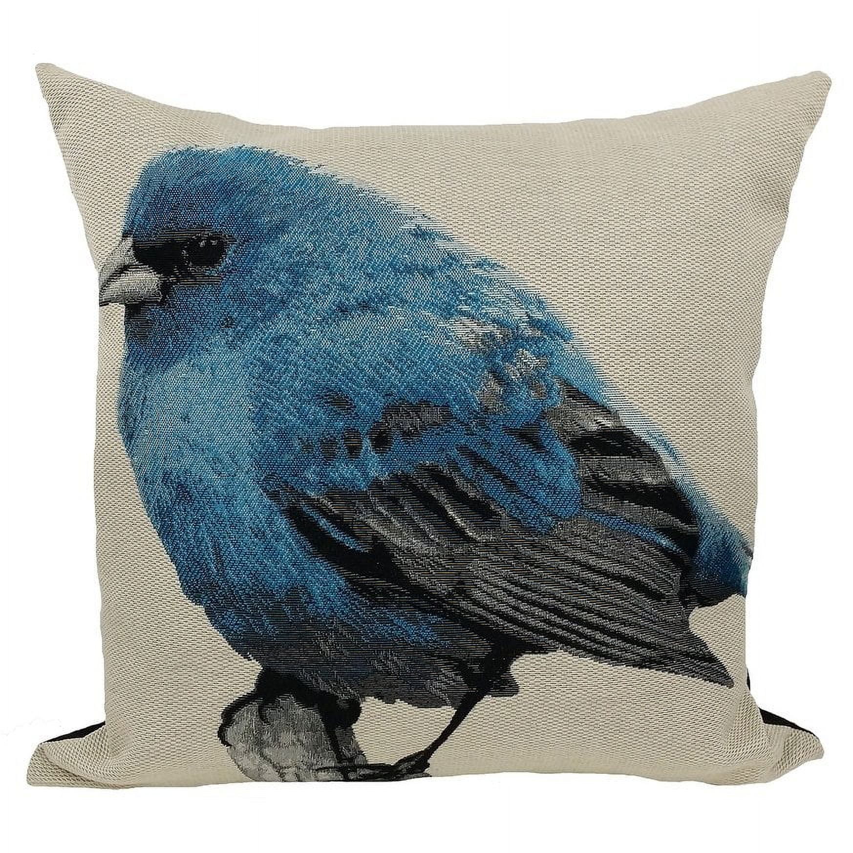 Blue Bird Embroidered Beige Cotton Square Pillow, 18 x 18 Inch