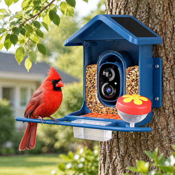 Blue Bird Feeder with Camera, 5Ghz WiFi, Solar Power, 2K Live View, Squirrel-Proof Metal Tray