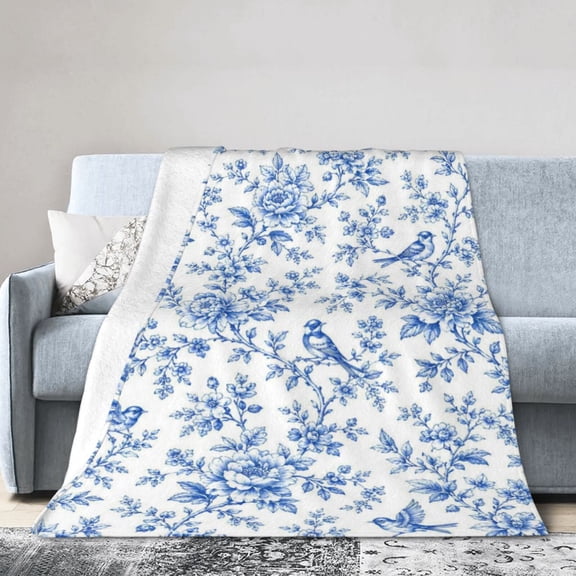 Blue Bird Floral Blanket Gift Throw Blanket Vintage Toile Bird Gift for Women Cottage Home Decor 50x40