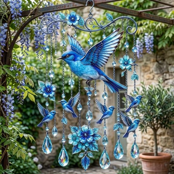 Blue Bird Flower Acrylic Suncatcher Wind Chime, Crystal Pendant Hanging Ornament for Window Garden and Patio, Weather Resistant Boho Light Reflection Decor for Wall and Porch, Holiday Gift