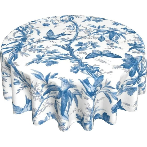 Blue Bird and Flower Butterfly Round Tablecloth 60 Inch Summer Watercolor Tablecloths for Round Tables Waterproof Polyester Round Table Cover Anti-Slip Table Cloth for Dining Room Indoor Outdoor