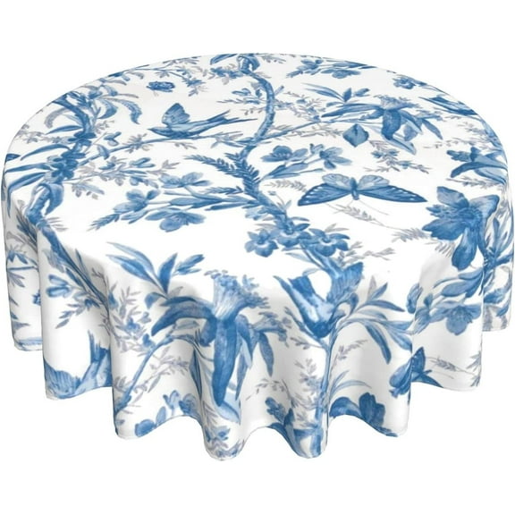 Blue Bird and Flower Butterfly Round Tablecloth 60 Inch Summer Watercolor Tablecloths for Round Tables Waterproof Polyester Round Table Cover Anti-Slip Table Cloth for Dining Room Indoor Outdoor