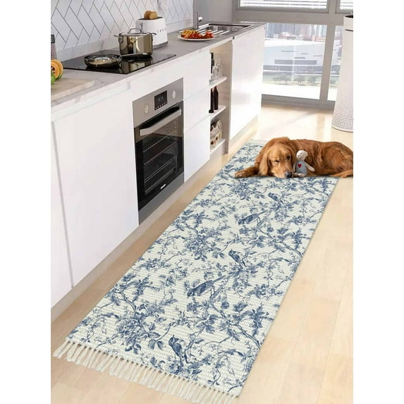 Blue Bird Flower Entryway Runner Rug 2x4ft,Retro Tree Branch Floral Fall Winter Washable Woven Living Room Hallway Bedroom Kitchen Carpet with Tassels,Indoor Outdoor Throw Door Mat for Entryway