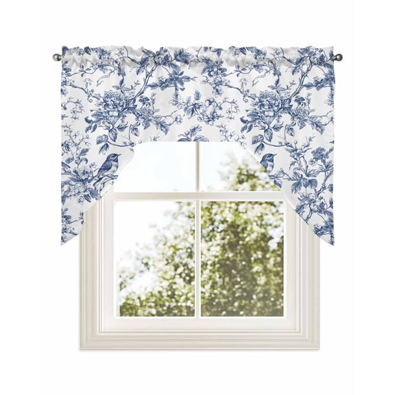 Blue Bird Flower Kitchen Curtains Swag Valance for Windows/Bathroom/Cafe, Retro Tree Branch Floral Fall Winter Rod Pocket Drape Panel Swag Curtains Valance for Bedroom/Living Room 56"x36"