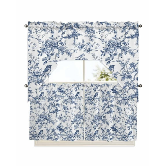 Blue Bird Flower Swag Valance and Tier Curtains 24'' Length Set, Retro Tree Branch Floral Fall Winter Light Filtering Kitchen Curtains, Tier Curtain Valances for Bathroom/Living Room/Bedroom/Café