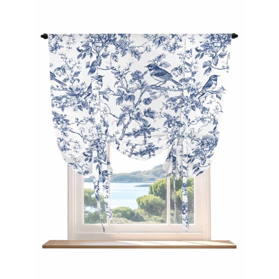Blue Bird Flower Tie Up Curtains for Windows 54 Inch Length Balloon Curtains Kitchen Adjustable Balloon Window Shade Retro Tree Branch Floral Fall Winter Tie Up Valance Bathroom Curtain 42"x54"