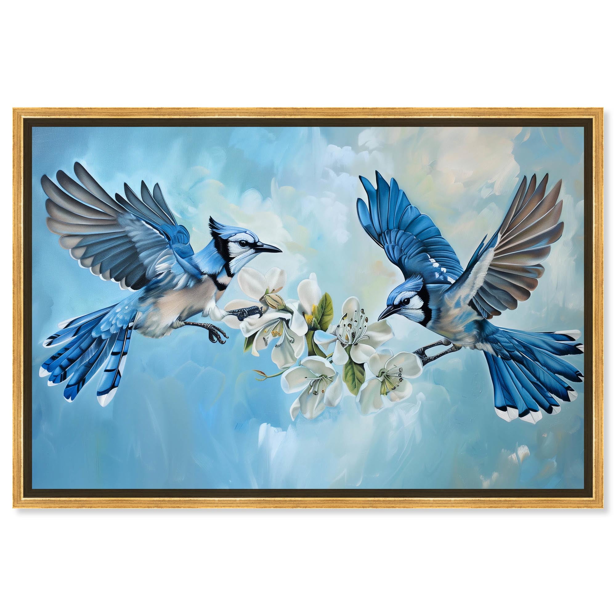 Blue Birds and Flowers Canvas Art with Gold Frame, 15" x 10"
