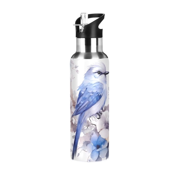 Blue Bird Flowers Sports Water Bottle with Straw Lid Insulated Stainless Steel Leak Proof BPA Free Thermal Mug with Handle for Gym Yoga Cycling Camping