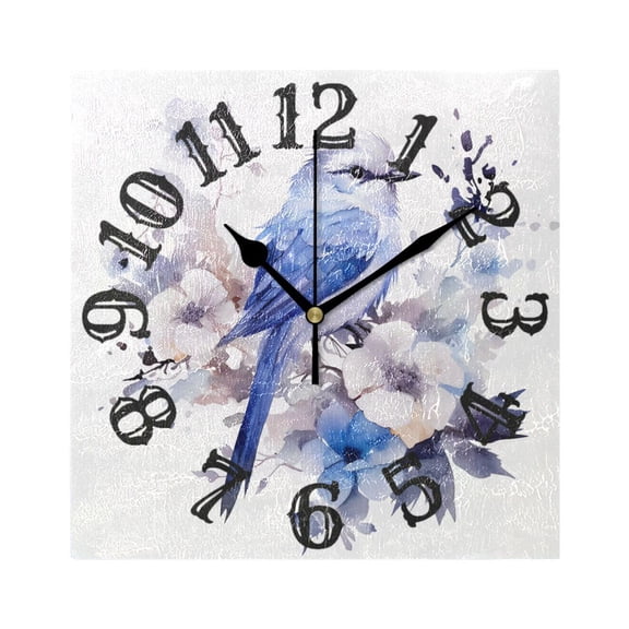 Blue Bird Flowers Wall Clock Square Silent Non Ticking Battery Operated Clock for Home Bathroom Kitchen Bedroom Living Room