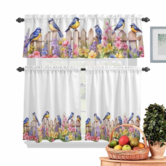 Blue Bird Kitchen Curtains Valances 3 Piece Set, Country Fence Flower and Plant Pattern Rod Pocket Tier Curtain and Valance Drapes for Small Window 24 Inch Length for Bedroom Cafe