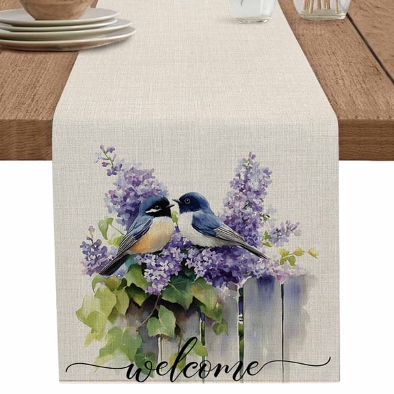 Blue Bird Lavender Leaves on Linen Table Runner-70 Inch Long Watercolor Flower Table Runners Linen Burlap Tablerunner for Kitchen Dining Room Holiday Party