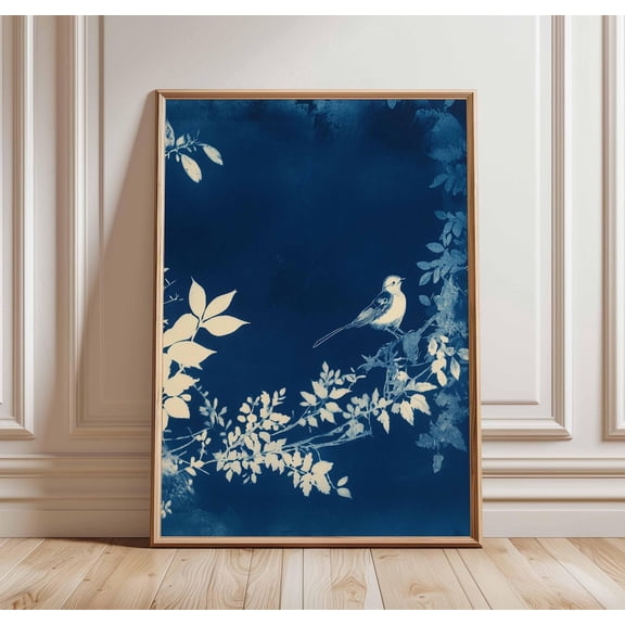 Blue Bird Leaves Nature Minimalist Bird Botanical Cyanotype Style Unframed Paper Print