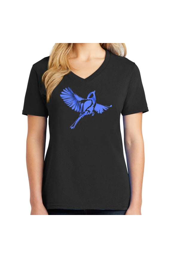 Blue Bird Logo Graphic Design Ladies Big Size Core Cotton V neck T-Shirt - Jet Black 3XL