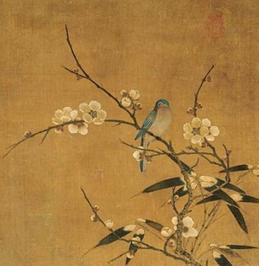 Blue Bird On a Plum Branch With Bamboo Canvas Art - Unknown (24 x 24)