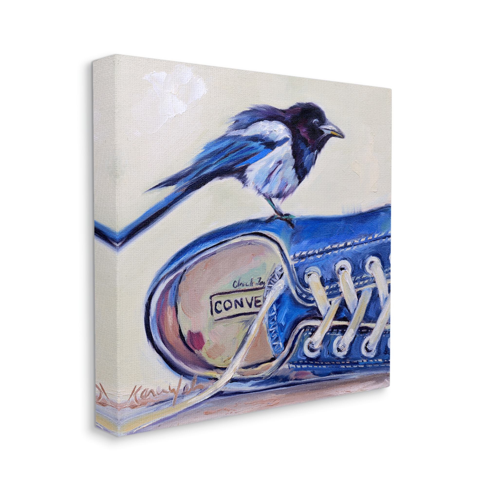 Blue Bird Perched on Laced Sneakers Painting Animals & Insects Gallery-Wrapped Canvas Print Wall Art, 17x17