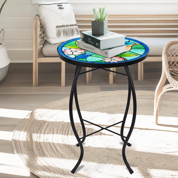 Blue Bird & Pink Flower Mosaic Glass Side Table – Glass Accent Table, Indoor/Outdoor End Table, for Patio, Living Room & Bedroom