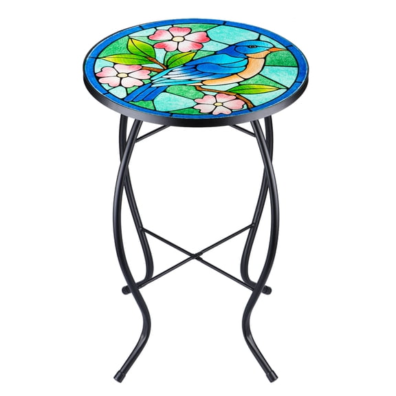 Blue Bird & Pink Flower Mosaic Glass Side Table Glass Accent Table, Indoor/Outdoor End Table, for Patio, Living Room & Bedroom