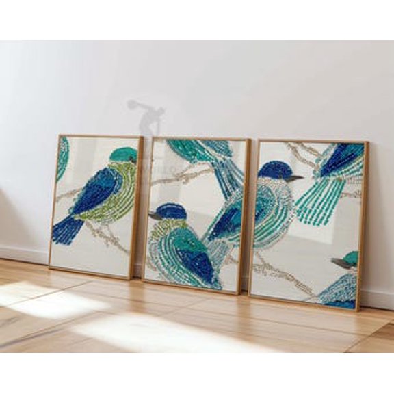 Blue Bird Print Set, Teal Sapphire Nature Wall Art, Poster Only