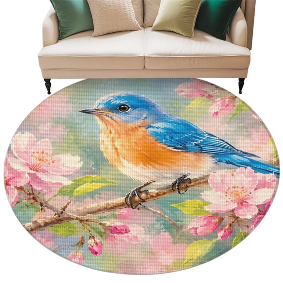 Blue Bird Round Rug 8ft Washable Circle Rugs Non Slip Pink Cherry ...