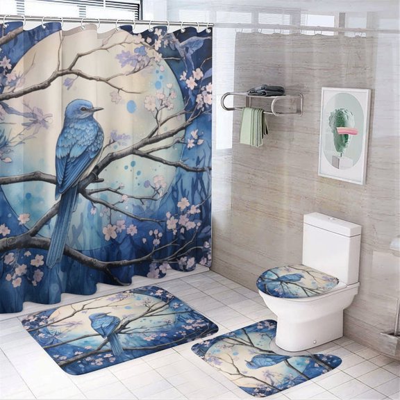 Blue Bird On A Shady Tree Under The Full Moon 4 Pcs Shower Curtain Sets with Non-Slip Rugs Toilet Lid Cover And Bath Mat Spring Vintage Bird And Flower Durable and Waterproof for Bathroom Decor