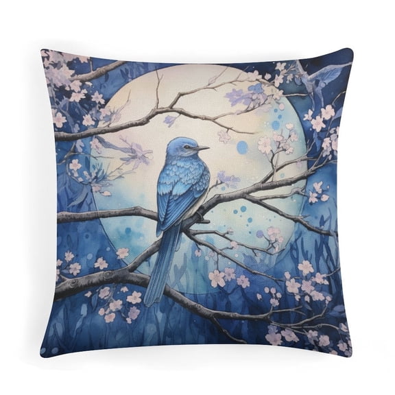 Blue Bird On A Shady Tree Under The Full Moon Pillowcase 16"x16" Farmhouse Floral Decorations Throw Farmhouse Pillowcase Linen Cushion Case Pillows for Couch for Sofa Car Couch Living Room Bedroom