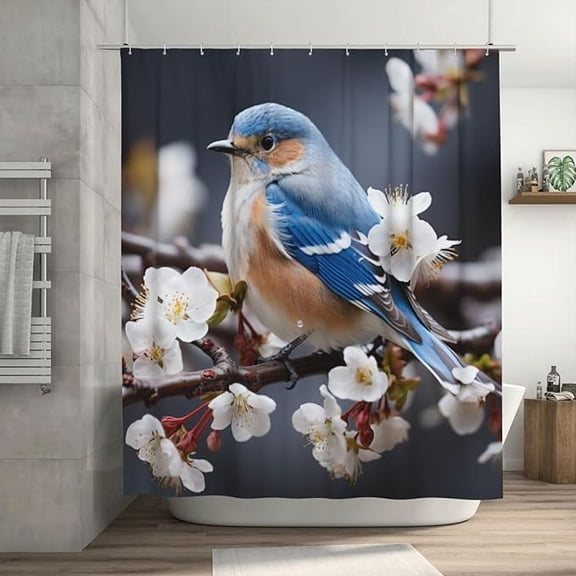 Blue Bird Shower Curtain For Bathroom, White Flower Cute Animals Boho Shower Curtain Set, Abstract Fabric Modern Waterproof Bathroom Decor With 12 Hooks 54"W x 72"L (Pack of 1)