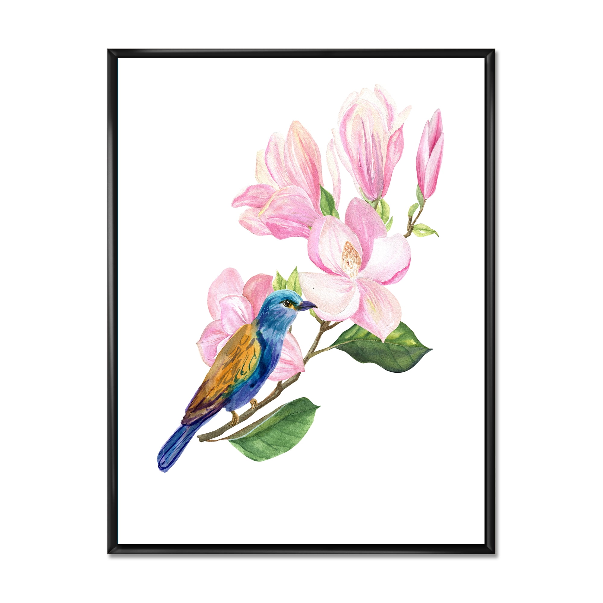 Blue Bird Sitting On A Pink Magnolia 24 in x 32 in Framed Painting Canvas Art Print, by Designart
