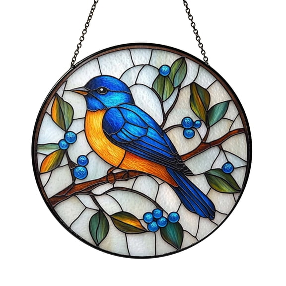 Blue Bird Storm Sky Glass Style Ornament, Stained Glass Inspired Window Hanging Art, Decorative Accent
