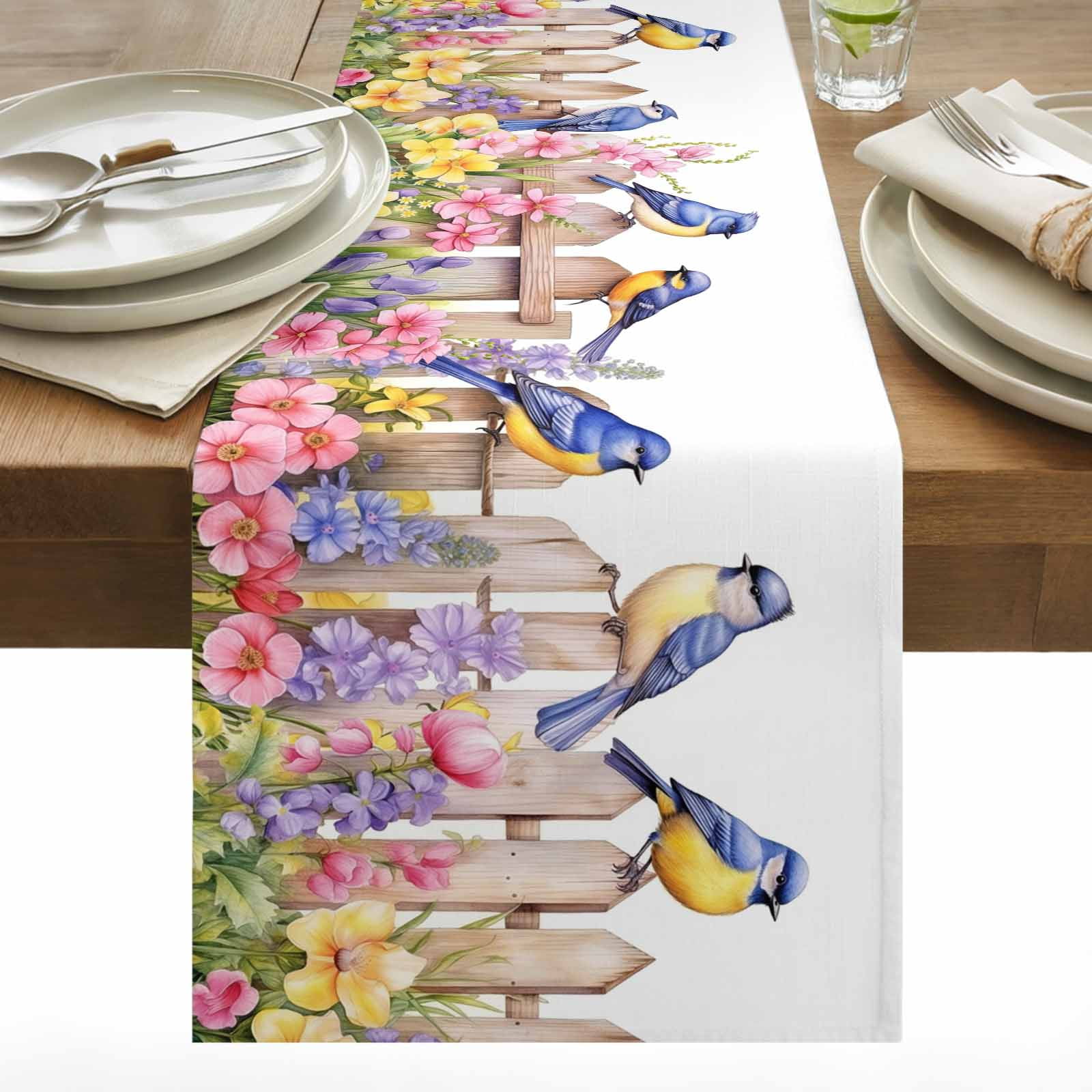 Blue Bird Table Runner 13x108 inch Country Fence Flower and Plant Pattern Cotton Linen Dining Table Runner Ideal for Dresser Kitchen Coffee Tables - Machine Washable