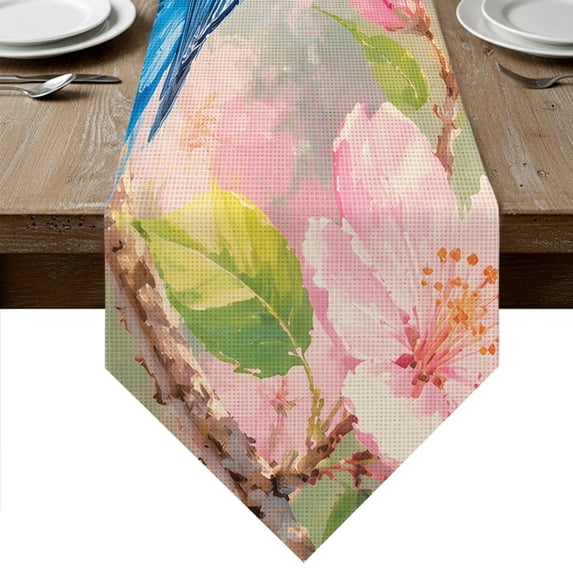 Blue Bird Table Runner Linen Burlap Table Runner 70 Inches Long Pink Cherry Blossom Branch Pastoral Plants Dresser Scarves for Kitchen Island Coffee Dining Room Party Holiday Decoration 13"x70"