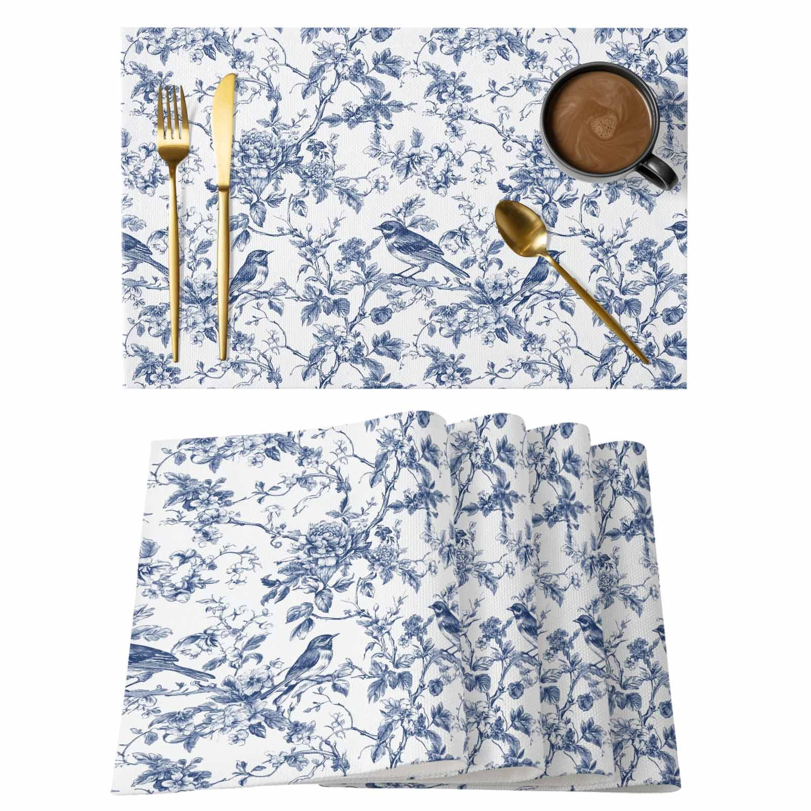 Blue Bird Tree Branches Placemats Set of 4, Country Vintage Bird Flower ...