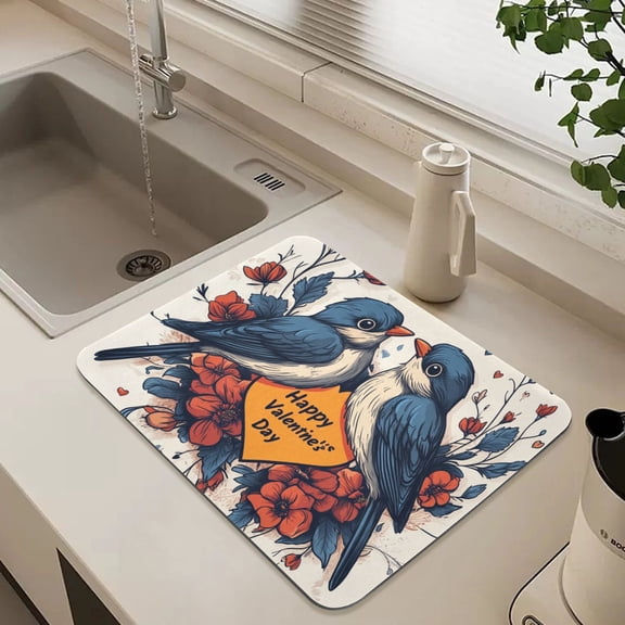 Blue Bird Valentine's Day Dish Drying Mat for Kitchen Counter Absorbent Drainer Mats (15.7X11.8inch)