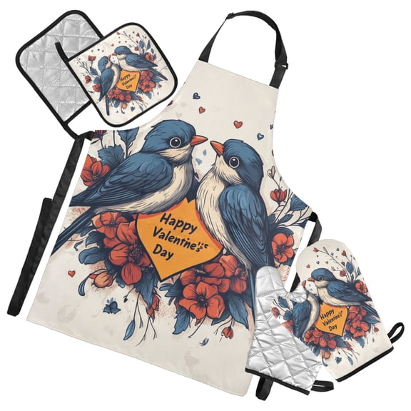Blue Bird Valentine's Day Oven Mitts and Pot Holders with Chef Apron Set 5 Pcs Kitchen Cooking Set