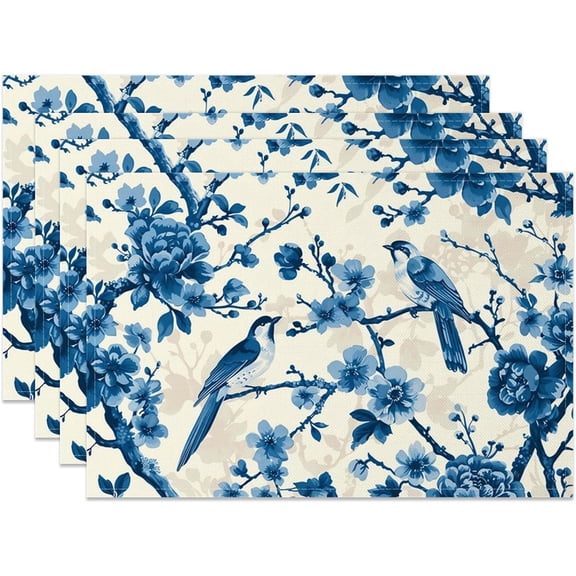 Blue Bird and Flower Placemats Set of 4 12x18 Inch Traditional Chinese Blue and White Pattern Place Mats for Kitchen Dining Room Decor