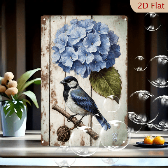 Blue Bird on Branch with Hydrangea, Rustic Wood Background Wall Art, Vintage Shabby Chic Metal Tin Sign Print for Home Decor, 8x12 Inches